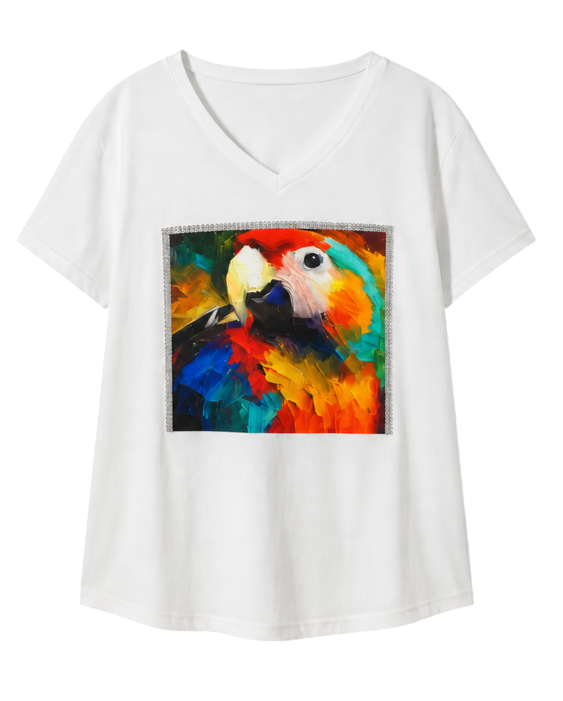 Βαμβακερό λευκό T-Shirt με V λαιμόκοψη και τύπωμα παπαγάλου