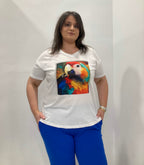 Βαμβακερό λευκό T-Shirt με V λαιμόκοψη και τύπωμα παπαγάλου