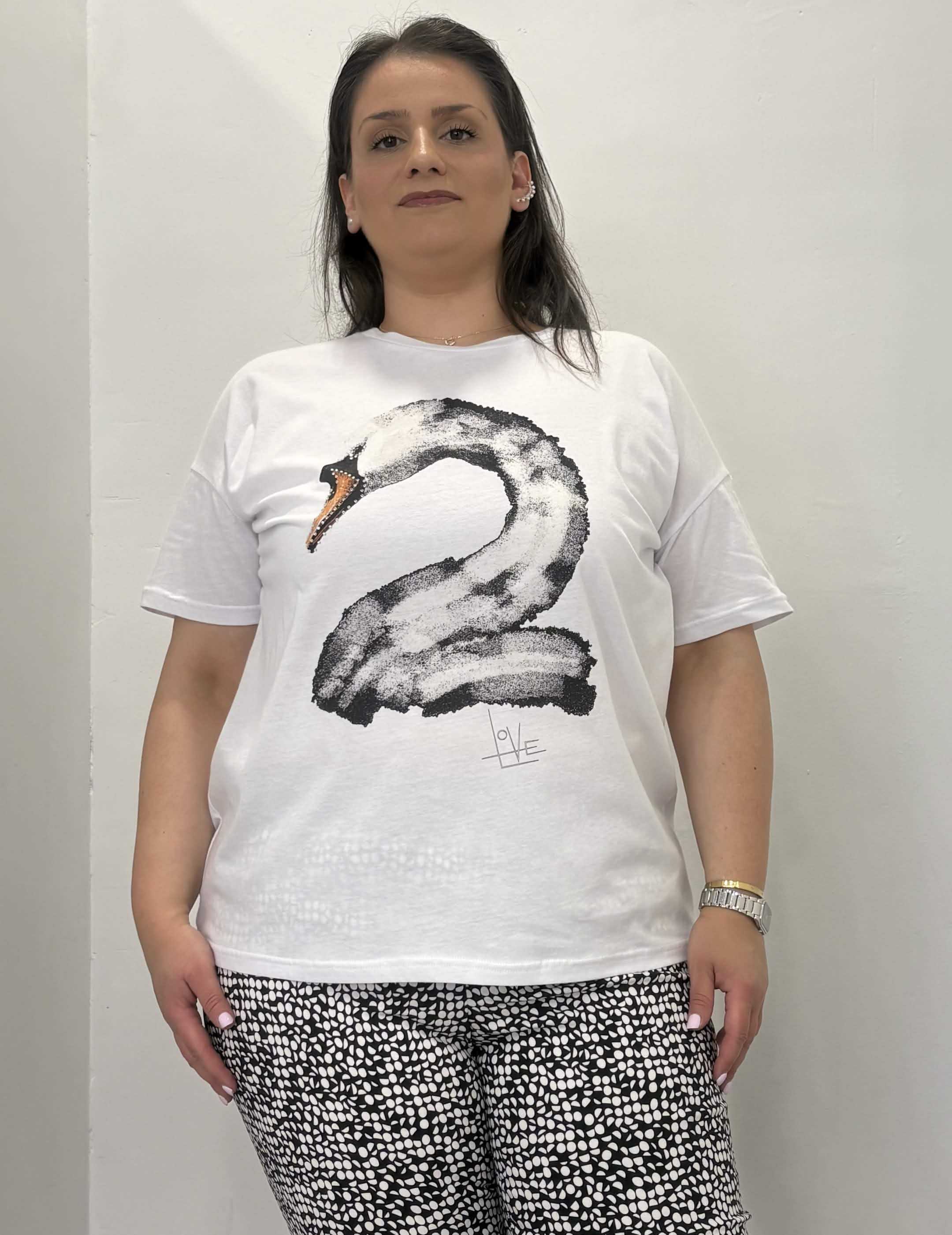 Κοντομάνικο βαμβακερό T-Shirt με τύπωμα κύκνου