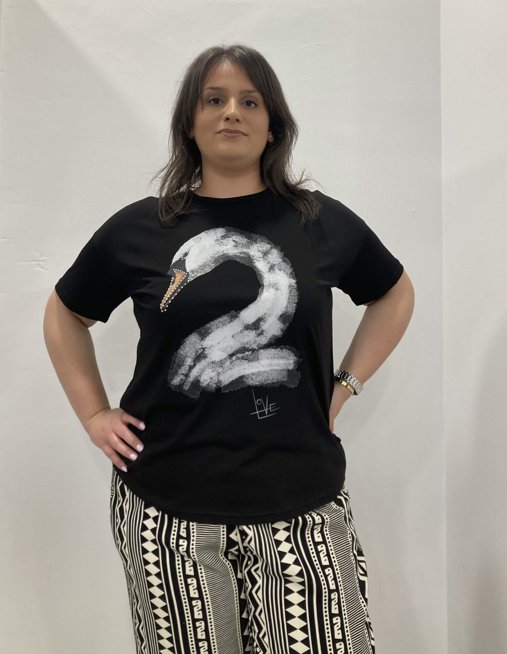 Κοντομάνικο βαμβακερό T-Shirt με τύπωμα κύκνου