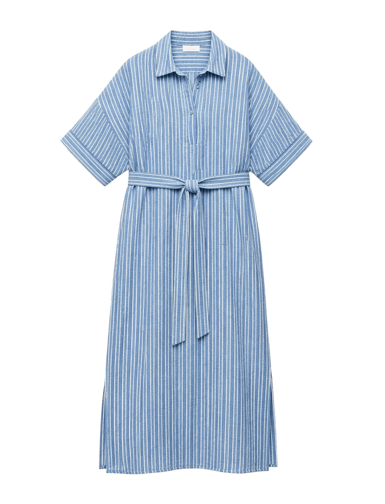 Short-sleeved blue long striped collared dress
