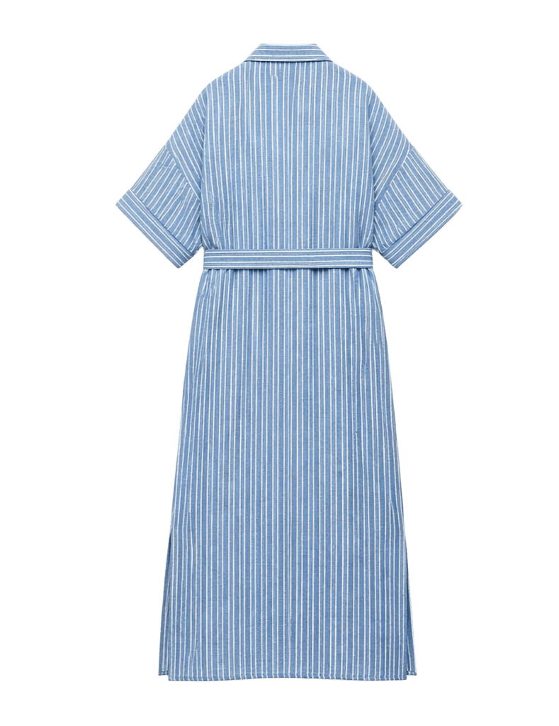Short-sleeved blue long striped collared dress