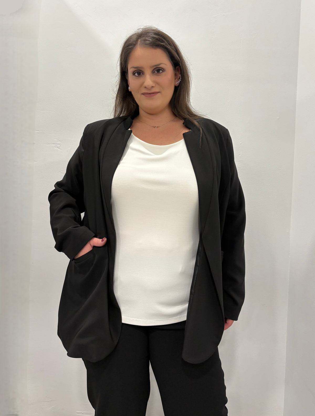 Σκούμπα κρεπ μαύρο oversized σακάκι με μαο γιακά και χωρίς φόδρα