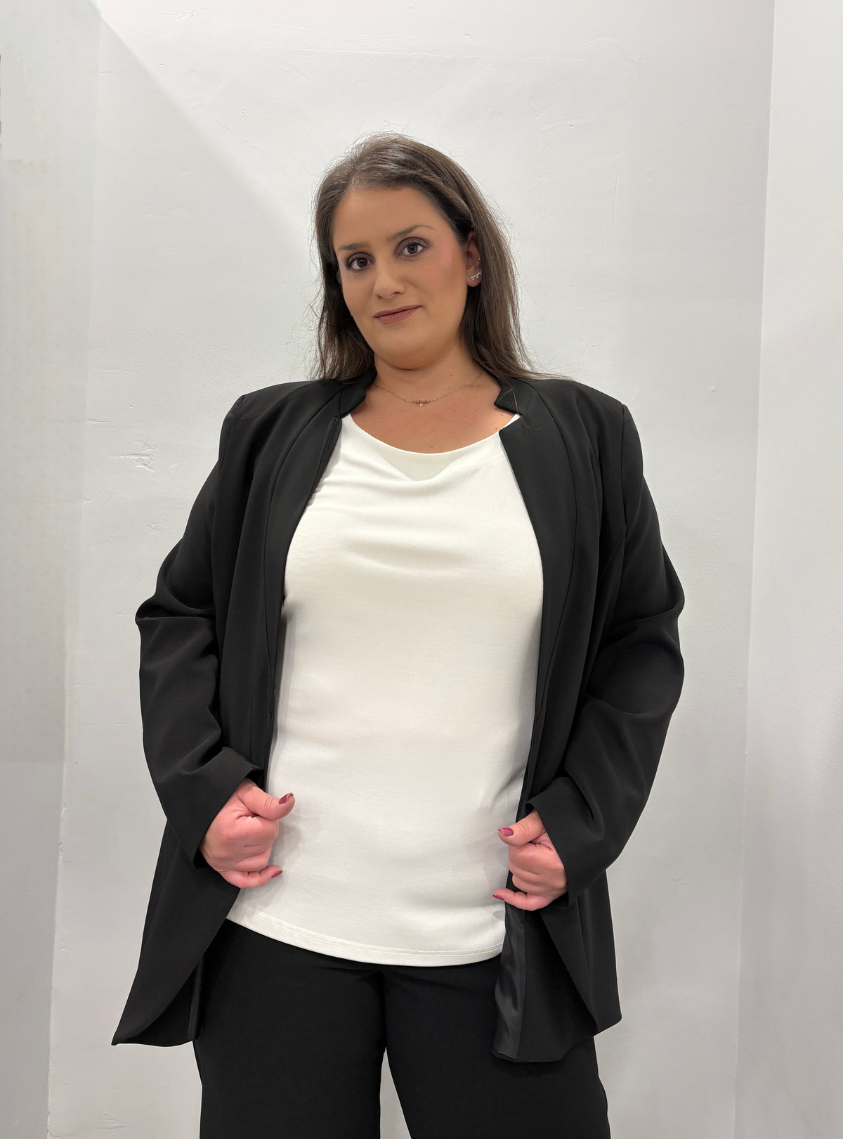 Σκούμπα κρεπ μαύρο oversized σακάκι με μαο γιακά και χωρίς φόδρα